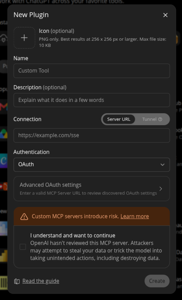 Het formulier New Plugin in ChatGPT: velden voor een naam en een omschrijving, het onderdeel Connection met de keuze Server URL en een veld voor het adres, een keuze voor Authentication, een waarschuwing dat een eigen MCP-server risico’s meebrengt, en een knop Create.